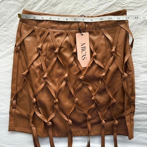 Micas Brown Faux Leather Fringe Mini Skirt Boho Festival Party Wear M - Picture 9 of 10